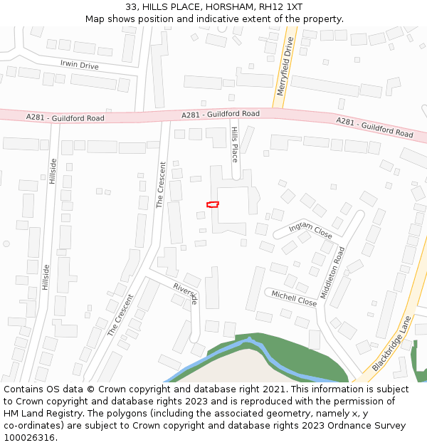 33, HILLS PLACE, HORSHAM, RH12 1XT: Location map and indicative extent of plot