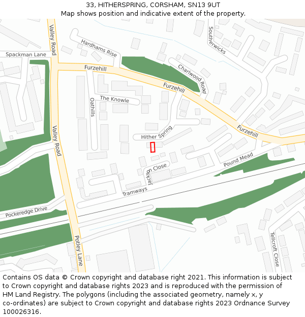 33, HITHERSPRING, CORSHAM, SN13 9UT: Location map and indicative extent of plot