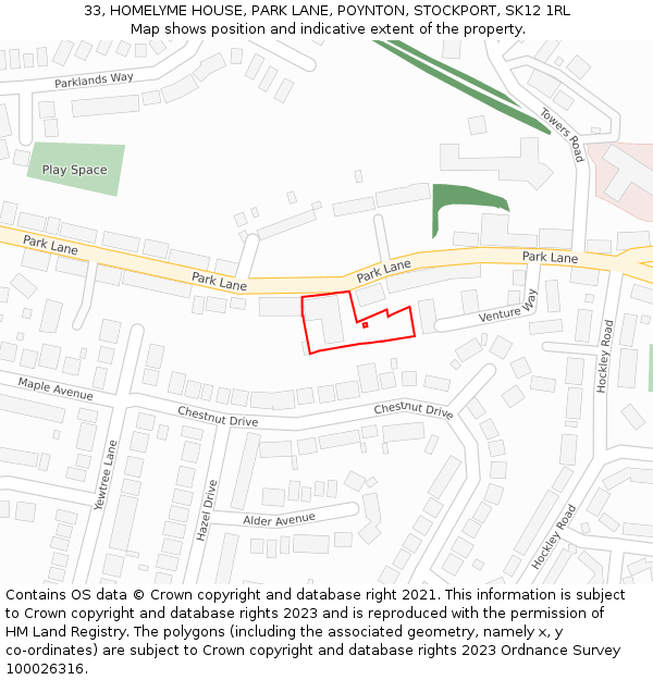 33, HOMELYME HOUSE, PARK LANE, POYNTON, STOCKPORT, SK12 1RL: Location map and indicative extent of plot