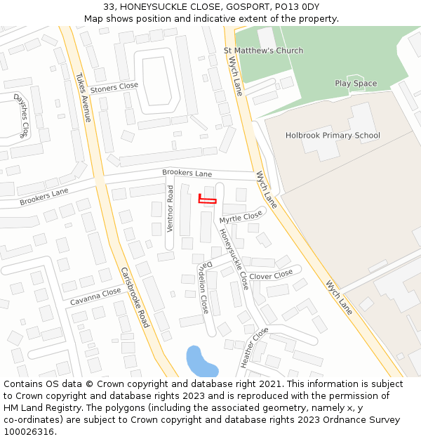 33, HONEYSUCKLE CLOSE, GOSPORT, PO13 0DY: Location map and indicative extent of plot