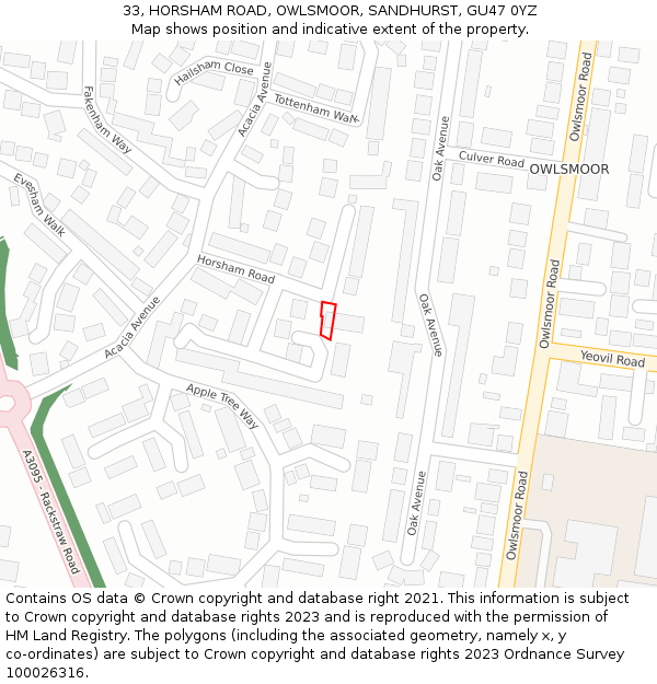 33, HORSHAM ROAD, OWLSMOOR, SANDHURST, GU47 0YZ: Location map and indicative extent of plot