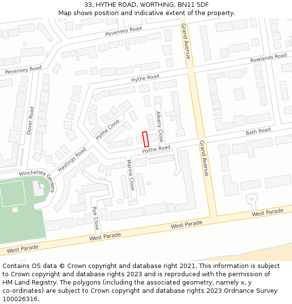33, HYTHE ROAD, WORTHING, BN11 5DF: Location map and indicative extent of plot