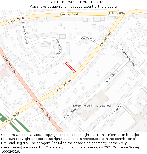 33, ICKNIELD ROAD, LUTON, LU3 2NY: Location map and indicative extent of plot