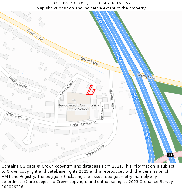 33, JERSEY CLOSE, CHERTSEY, KT16 9PA: Location map and indicative extent of plot
