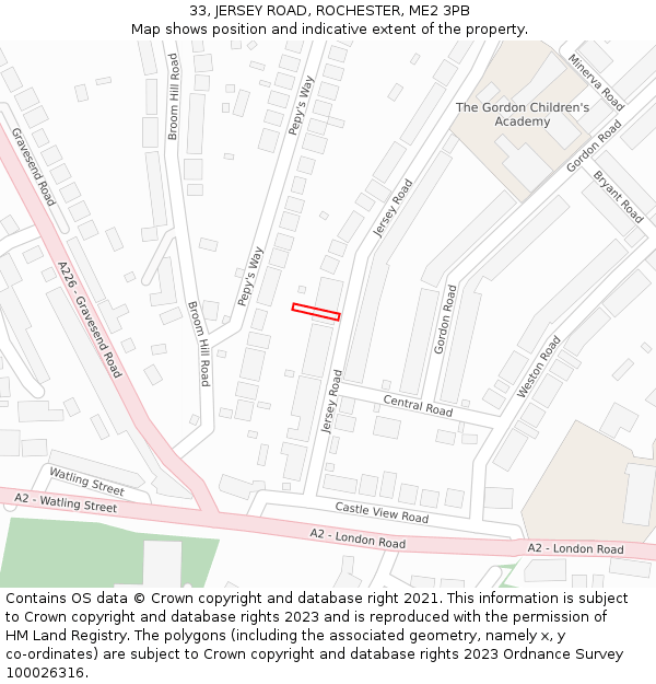 33, JERSEY ROAD, ROCHESTER, ME2 3PB: Location map and indicative extent of plot
