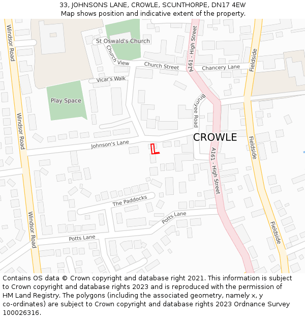 33, JOHNSONS LANE, CROWLE, SCUNTHORPE, DN17 4EW: Location map and indicative extent of plot