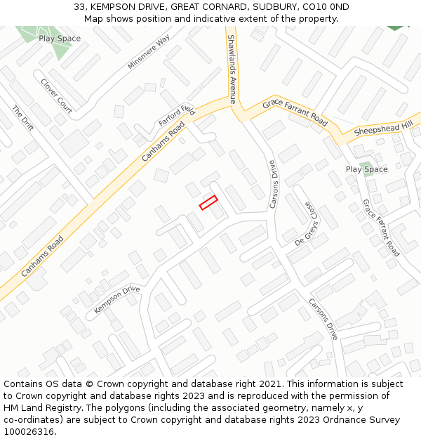 33, KEMPSON DRIVE, GREAT CORNARD, SUDBURY, CO10 0ND: Location map and indicative extent of plot
