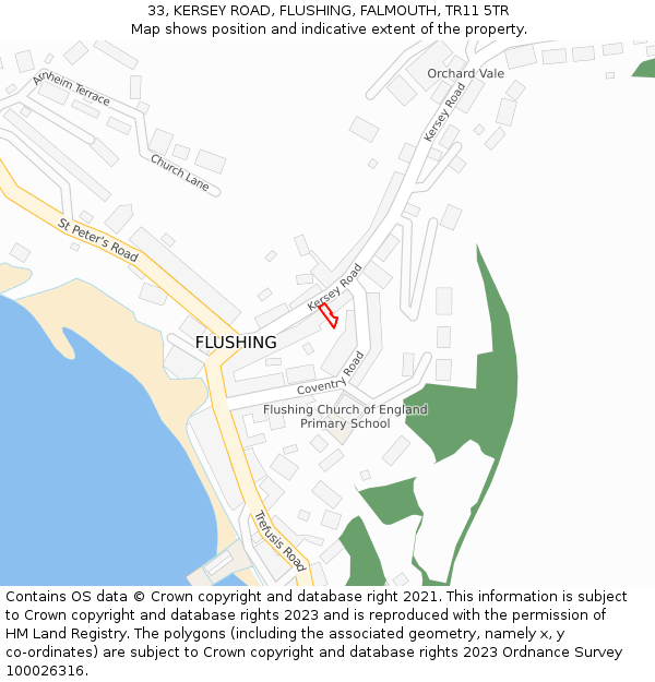 33, KERSEY ROAD, FLUSHING, FALMOUTH, TR11 5TR: Location map and indicative extent of plot