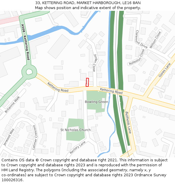 33, KETTERING ROAD, MARKET HARBOROUGH, LE16 8AN: Location map and indicative extent of plot