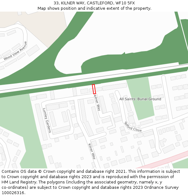 33, KILNER WAY, CASTLEFORD, WF10 5FX: Location map and indicative extent of plot