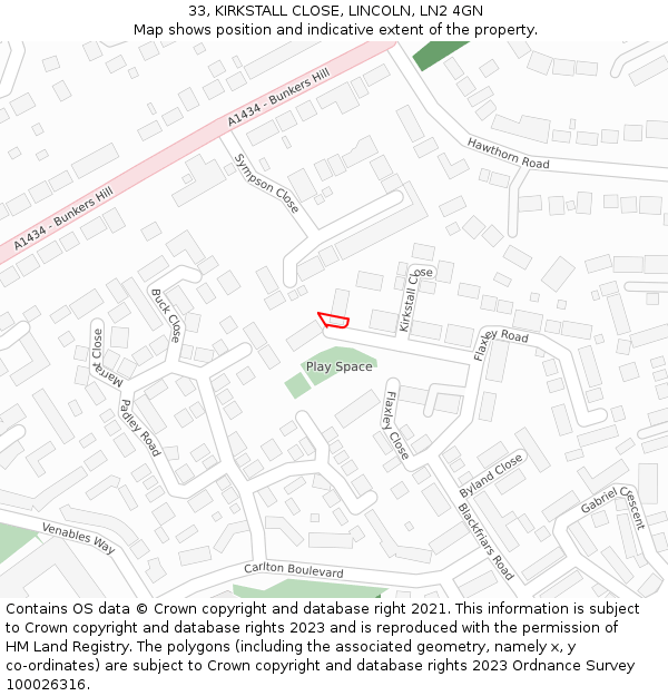 33, KIRKSTALL CLOSE, LINCOLN, LN2 4GN: Location map and indicative extent of plot