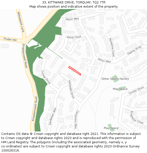 33, KITTIWAKE DRIVE, TORQUAY, TQ2 7TR: Location map and indicative extent of plot