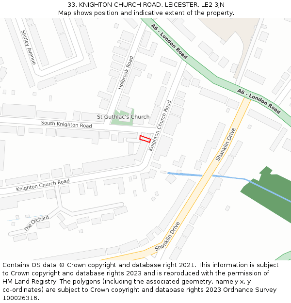 33, KNIGHTON CHURCH ROAD, LEICESTER, LE2 3JN: Location map and indicative extent of plot