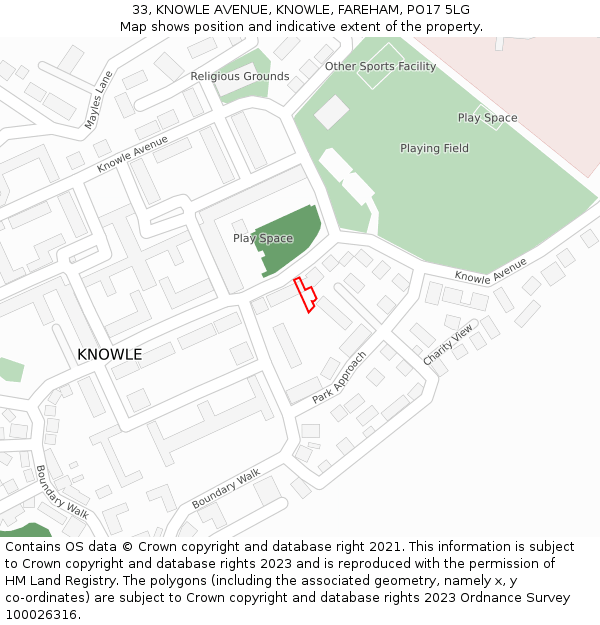 33, KNOWLE AVENUE, KNOWLE, FAREHAM, PO17 5LG: Location map and indicative extent of plot