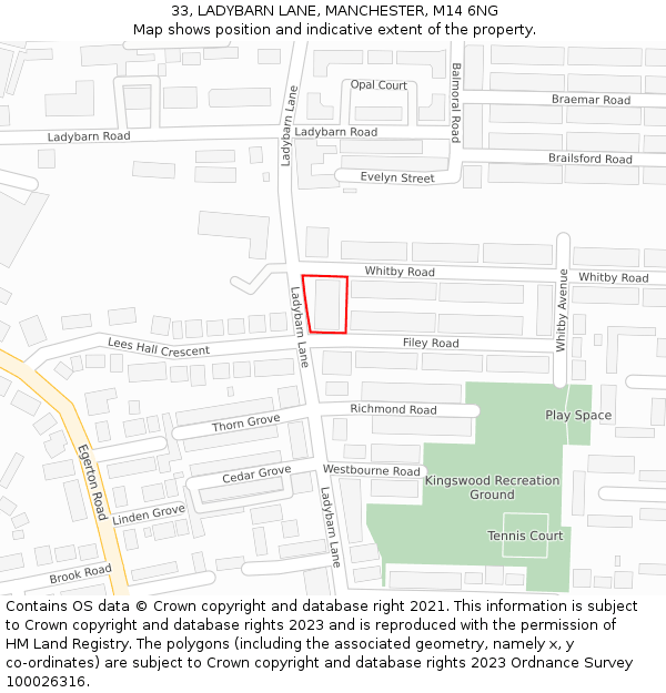 33, LADYBARN LANE, MANCHESTER, M14 6NG: Location map and indicative extent of plot