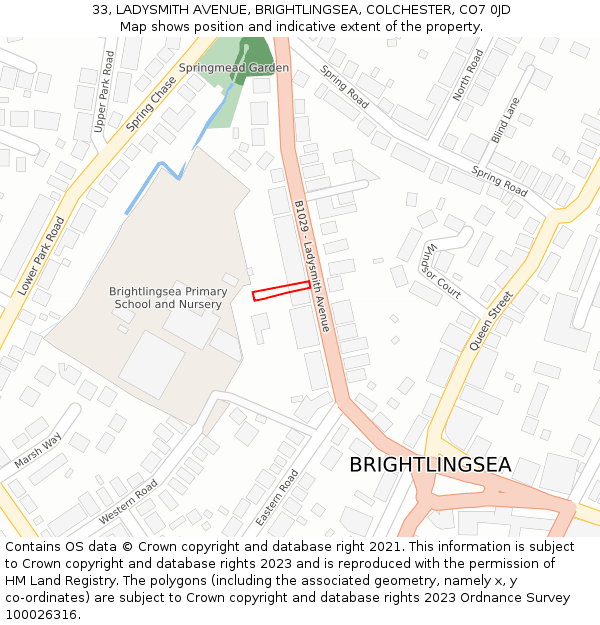33, LADYSMITH AVENUE, BRIGHTLINGSEA, COLCHESTER, CO7 0JD: Location map and indicative extent of plot