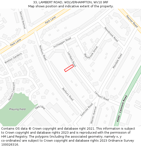 33, LAMBERT ROAD, WOLVERHAMPTON, WV10 9RF: Location map and indicative extent of plot