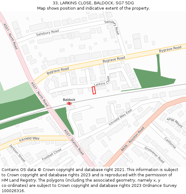 33, LARKINS CLOSE, BALDOCK, SG7 5DG: Location map and indicative extent of plot