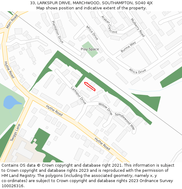 33, LARKSPUR DRIVE, MARCHWOOD, SOUTHAMPTON, SO40 4JX: Location map and indicative extent of plot