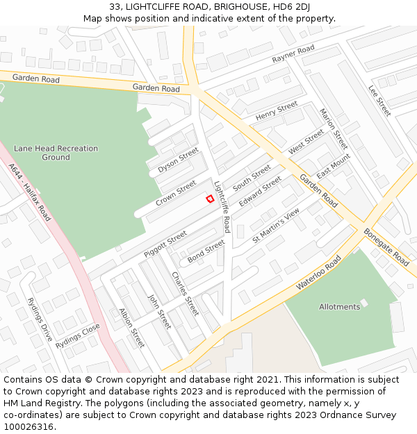33, LIGHTCLIFFE ROAD, BRIGHOUSE, HD6 2DJ: Location map and indicative extent of plot