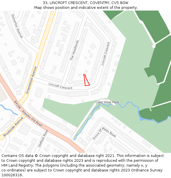 33, LINCROFT CRESCENT, COVENTRY, CV5 8GW: Location map and indicative extent of plot