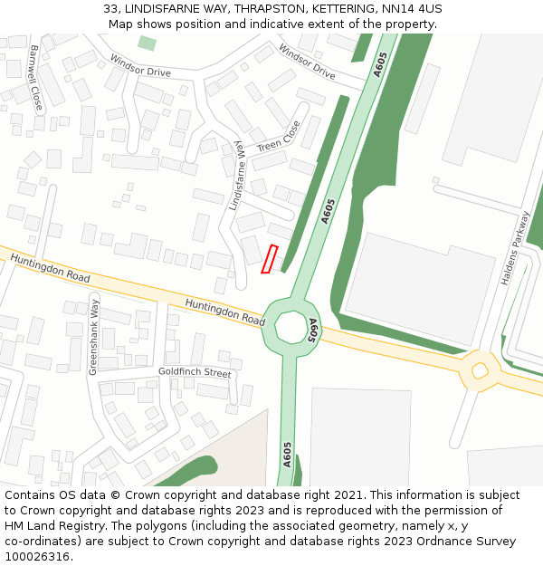 33, LINDISFARNE WAY, THRAPSTON, KETTERING, NN14 4US: Location map and indicative extent of plot