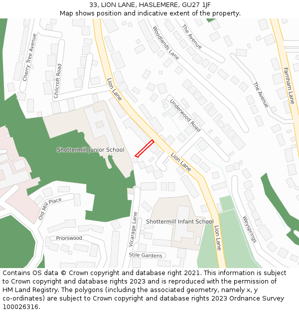 33, LION LANE, HASLEMERE, GU27 1JF: Location map and indicative extent of plot