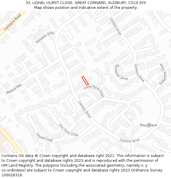 33, LIONEL HURST CLOSE, GREAT CORNARD, SUDBURY, CO10 0YX: Location map and indicative extent of plot