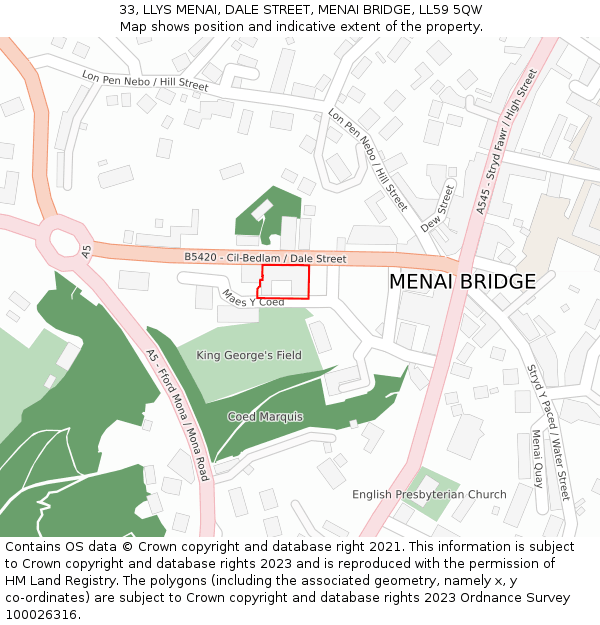 33, LLYS MENAI, DALE STREET, MENAI BRIDGE, LL59 5QW: Location map and indicative extent of plot