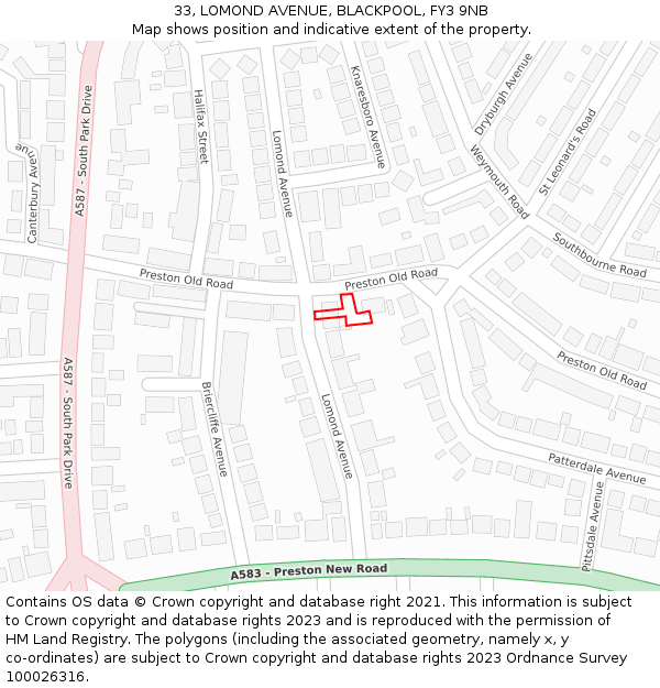33, LOMOND AVENUE, BLACKPOOL, FY3 9NB: Location map and indicative extent of plot