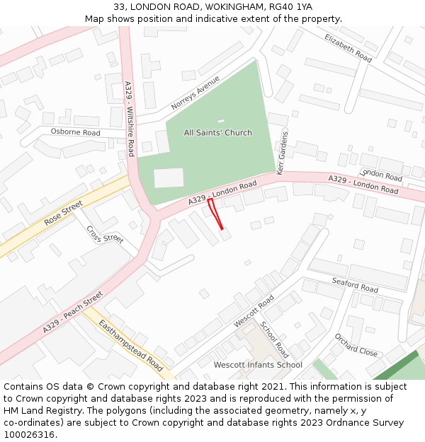 33, LONDON ROAD, WOKINGHAM, RG40 1YA: Location map and indicative extent of plot