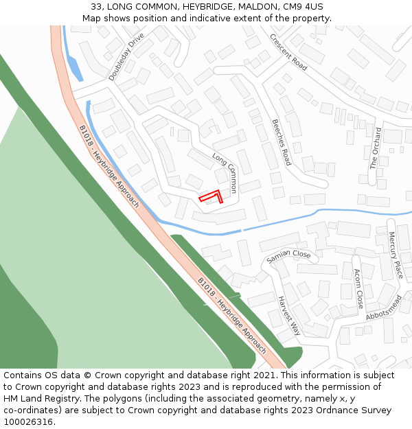 33, LONG COMMON, HEYBRIDGE, MALDON, CM9 4US: Location map and indicative extent of plot