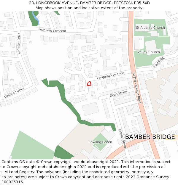 33, LONGBROOK AVENUE, BAMBER BRIDGE, PRESTON, PR5 6XB: Location map and indicative extent of plot