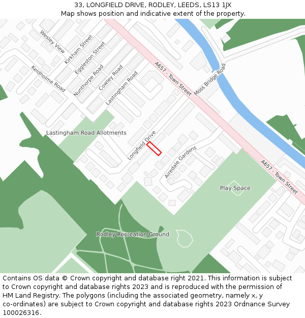 33, LONGFIELD DRIVE, RODLEY, LEEDS, LS13 1JX: Location map and indicative extent of plot