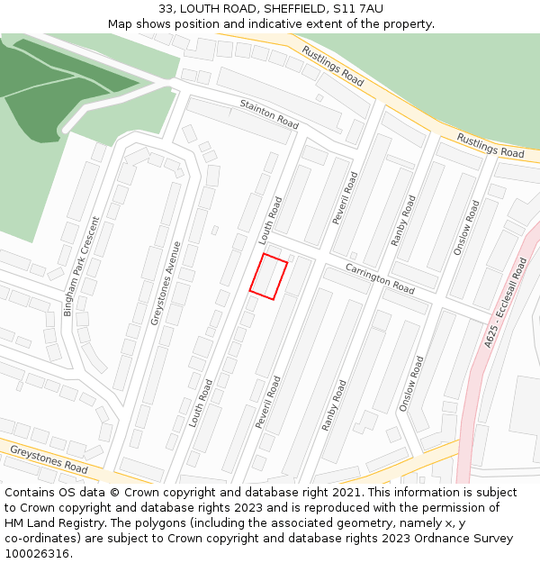 33, LOUTH ROAD, SHEFFIELD, S11 7AU: Location map and indicative extent of plot