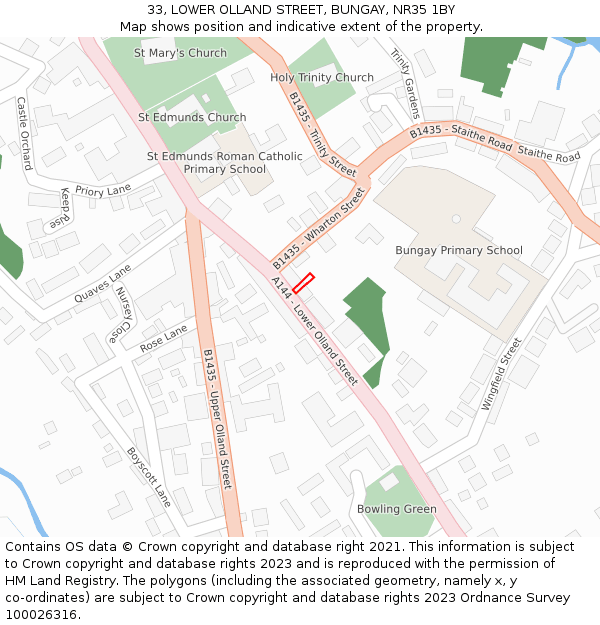 33, LOWER OLLAND STREET, BUNGAY, NR35 1BY: Location map and indicative extent of plot