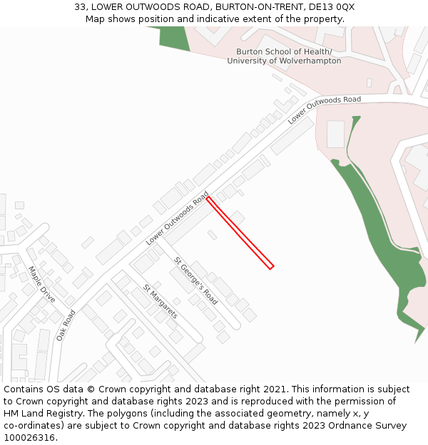 33, LOWER OUTWOODS ROAD, BURTON-ON-TRENT, DE13 0QX: Location map and indicative extent of plot