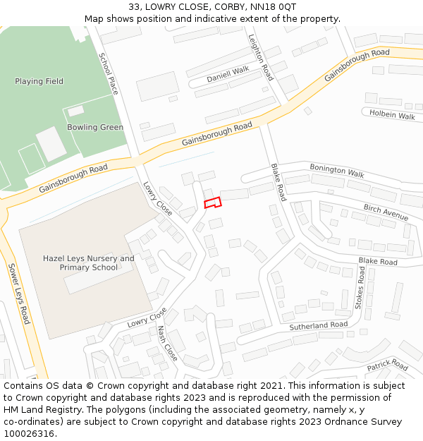 33, LOWRY CLOSE, CORBY, NN18 0QT: Location map and indicative extent of plot