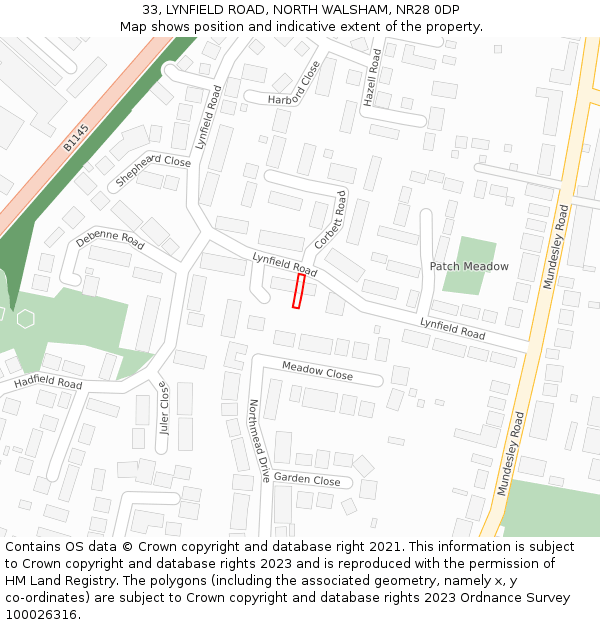 33, LYNFIELD ROAD, NORTH WALSHAM, NR28 0DP: Location map and indicative extent of plot