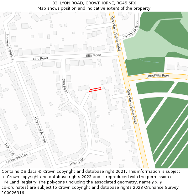 33, LYON ROAD, CROWTHORNE, RG45 6RX: Location map and indicative extent of plot