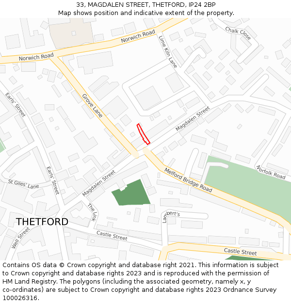 33, MAGDALEN STREET, THETFORD, IP24 2BP: Location map and indicative extent of plot