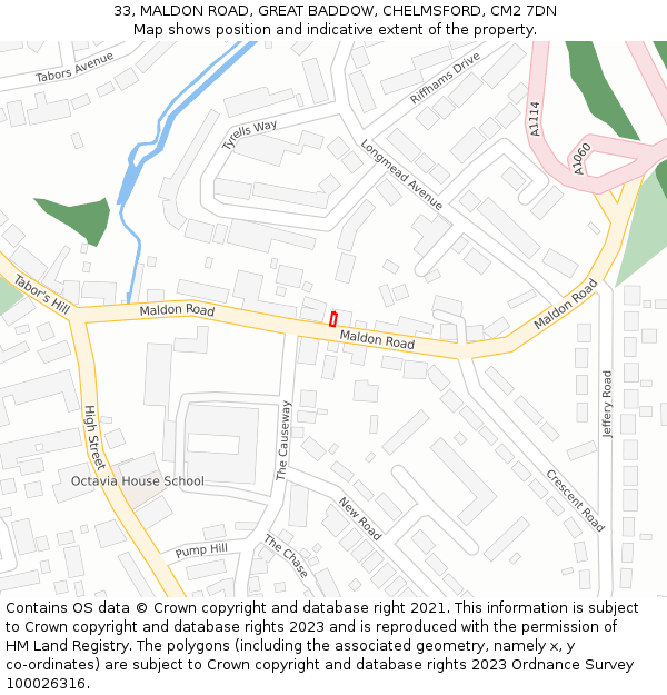 33, MALDON ROAD, GREAT BADDOW, CHELMSFORD, CM2 7DN: Location map and indicative extent of plot