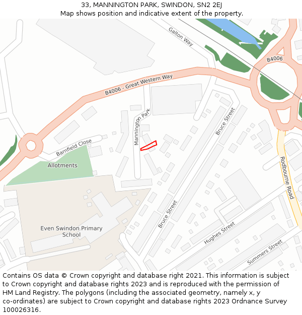 33, MANNINGTON PARK, SWINDON, SN2 2EJ: Location map and indicative extent of plot