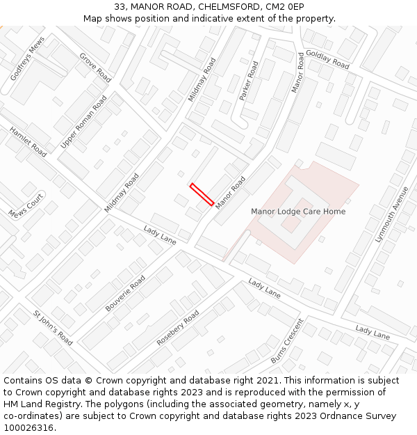 33, MANOR ROAD, CHELMSFORD, CM2 0EP: Location map and indicative extent of plot