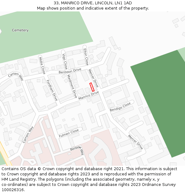 33, MANRICO DRIVE, LINCOLN, LN1 1AD: Location map and indicative extent of plot