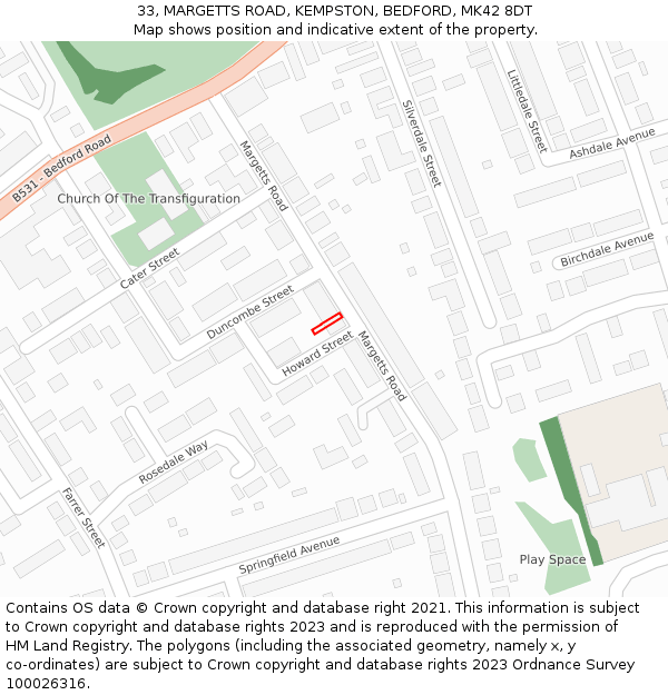 33, MARGETTS ROAD, KEMPSTON, BEDFORD, MK42 8DT: Location map and indicative extent of plot