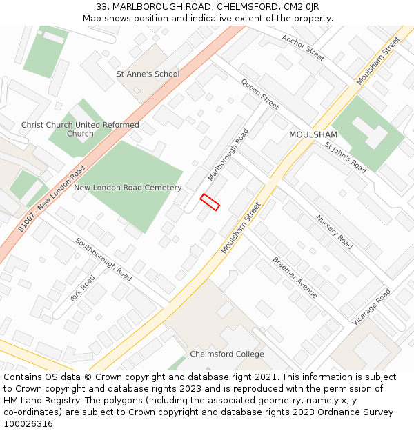 33, MARLBOROUGH ROAD, CHELMSFORD, CM2 0JR: Location map and indicative extent of plot