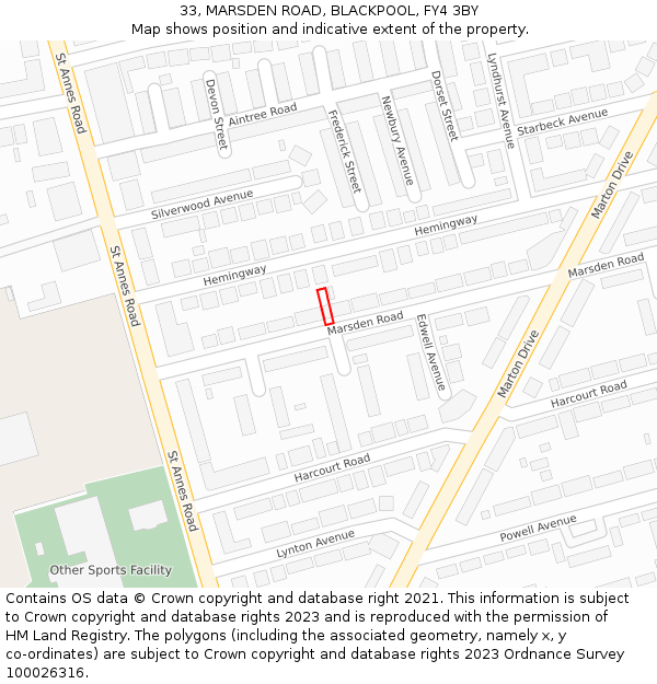 33, MARSDEN ROAD, BLACKPOOL, FY4 3BY: Location map and indicative extent of plot