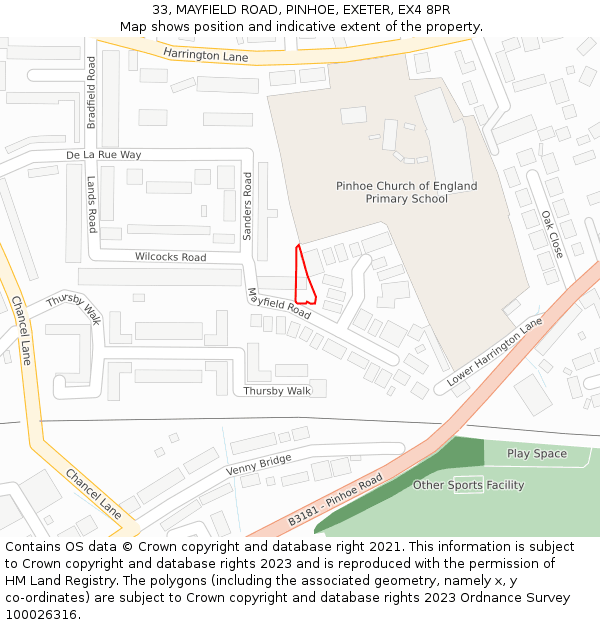 33, MAYFIELD ROAD, PINHOE, EXETER, EX4 8PR: Location map and indicative extent of plot