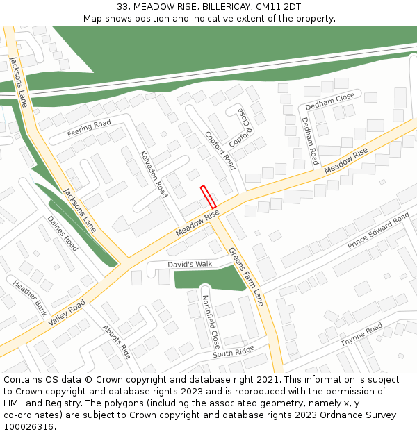 33, MEADOW RISE, BILLERICAY, CM11 2DT: Location map and indicative extent of plot